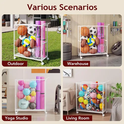 Miniatura 4 de Homsorout Cesta de almacenamiento de bolas, carrito de pelotas deportivas rodantes, organizador de garaje de metal, almacenamiento de canasta