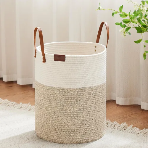 Miniatura 14 de VIPOSCO Cesta alta para ropa sucia, cesta grande para ropa sucia con mango de cuero, cesta de almacenamiento de cuerda tejida para manta, juguete