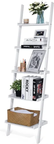 Estantería de escalera de 5 niveles – Estante de almacenamiento, estante inclinado de pared, soporte de flores blanco independiente, estantería de