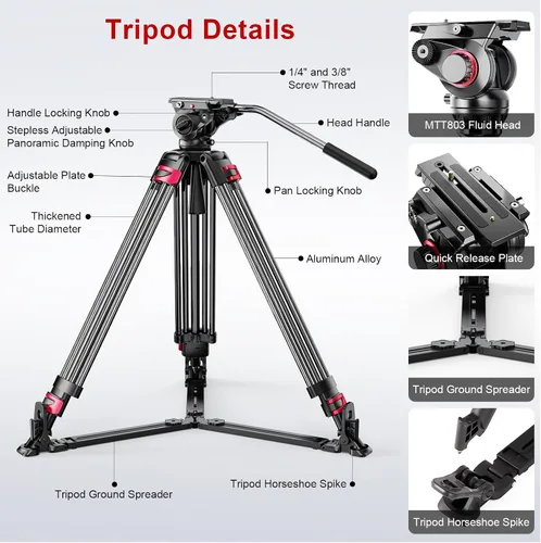 Miniatura 2 de miliboo Trípode de alta resistencia para video profesional, trípode de cabeza fluida con amortiguación ajustable, trípode de fotografía para equipos