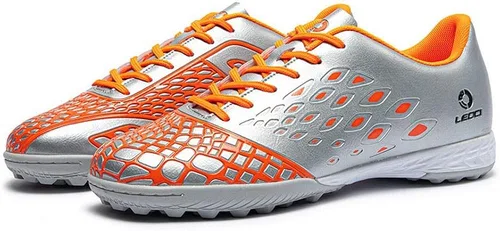 Miniatura 4 de LEOCI Zapatos de fútbol Suela de césped para hombres y mujeres y niños zapatos de goma en relieve duraderos para exteriores Plateadoanaranjado