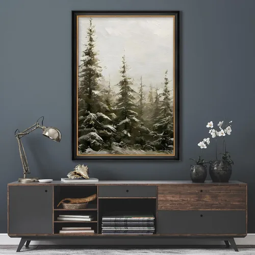 Miniatura 3 de MUDECOR Lienzo enmarcado prémium para pared, pinos nevados en bosque de invierno, ilustraciones modernas, arte contemporáneo, escénico, divertido