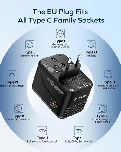 Miniatura 5 de MOMAX Adaptador de viaje universal 6 en 1, adaptador de corriente internacional GaN 70W, 3 USB-C PD de carga rápida y 2 USB-A QC, 1 AC, adaptador