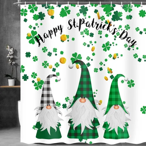 Miniatura 2 de MERCHR Cortina de ducha del día de San Patricio, trébol verde, hoja de trébol, diseño de elfo irlandés, gnomo irlandés, tela decorativa a cuadros