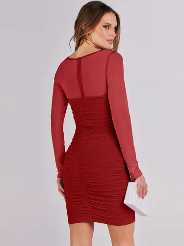 Miniatura 5 de ANRABESS Vestido corto de malla con cuello cuadrado y manga larga para mujer, sexy, fruncido, entallado, para fiesta, club, cóctel, vestido corto
