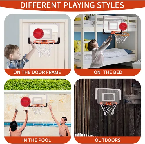 Miniatura 6 de NI-ROU Mini aro de baloncesto para interiores para niños, mini aro de baloncesto con marcador electrónico y 2 bolas, aro de baloncesto sobre