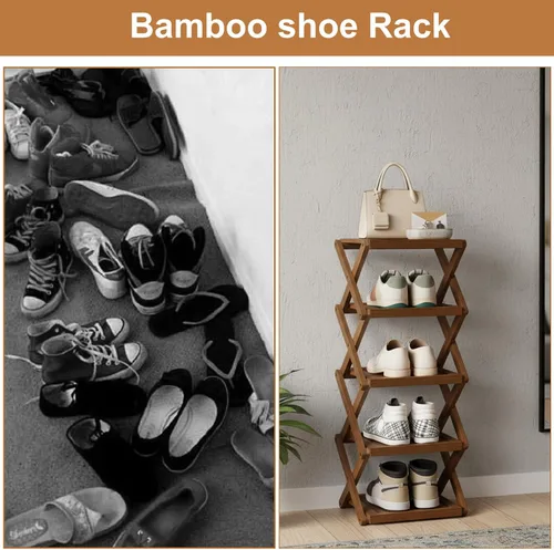 Miniatura 5 de YYW Zapatero plano de bambú para entrada, sin instalación y plegable, pequeño zapatero vertical, ahorra espacio, zapatero estrecho para armario