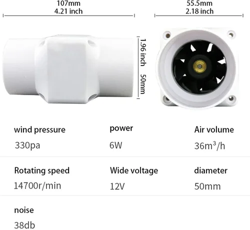 Miniatura 2 de Ventilador de conducto en línea de 2 pulgadas, 12 V, mini ventilador de ventilación de circulación de aire para calefacción, refuerzo de 6 W-1.969 in