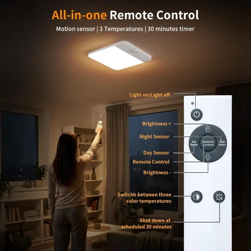 Miniatura 4 de NARUNDREN Lámpara de techo recargable con sensor de movimiento con control remoto, luces de techo inalámbricas que funcionan con baterías, luz