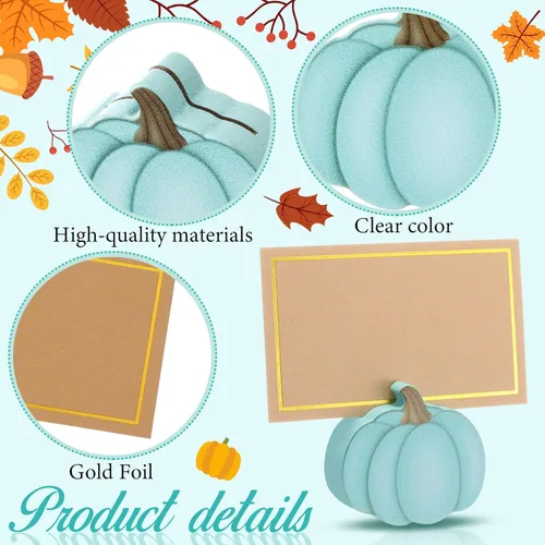 Miniatura 3 de Tradder 18 portatarjetas de lugar de Acción de Gracias con lámina dorada de calabaza, cosecha, mini calabaza, nombre, foto, soporte para fotos, Azul