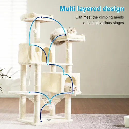 Miniatura 7 de Hey-brother - Mueble grande de casita de gato multinivel con postes rascadores cubiertos de sisal, 2 condominios de felpa más grandes, hamaca Beige
