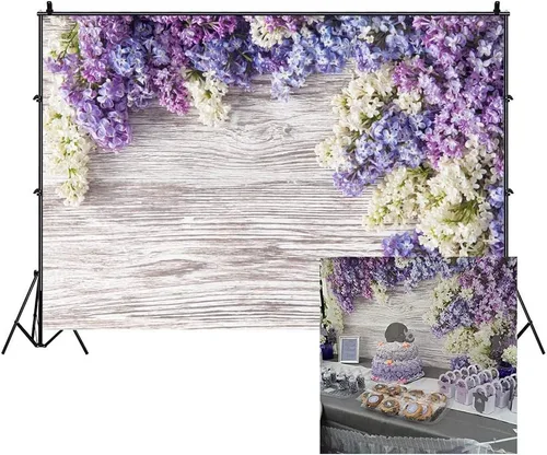 Telones de fondo para fotografía de tablones de madera de 7 x 5 pies, flores moradas lilas, rústico, vintage, pared de madera para recién nacidos,