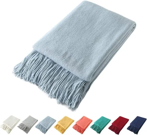 Miniatura 24 de Homiest - Manta decorativa de punto con flecos, manta ligera y suave tejida de acrílico con borlas para sofá, sillón, cama