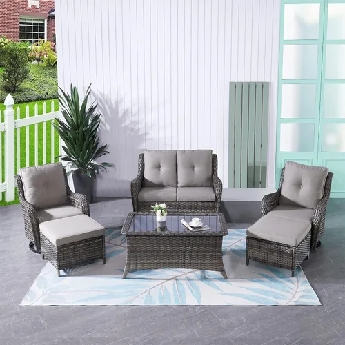 Miniatura 25 de HUMMUH Sillas Mecedoras Giratorias de Mimbre para Patio Exterior con Respaldo Alto, Sillas Deslizantes de Ratán PE, Juego de Muebles de Patio de 4