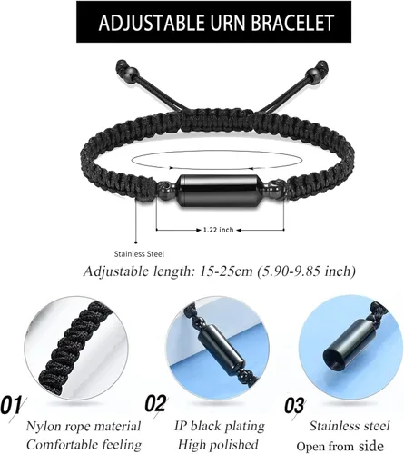 Hearbeingt Pulsera de urna de cremación para cenizas de cuerda ajustable, pulsera cilíndrica para cenizas para hombres y mujeres, pulsera de