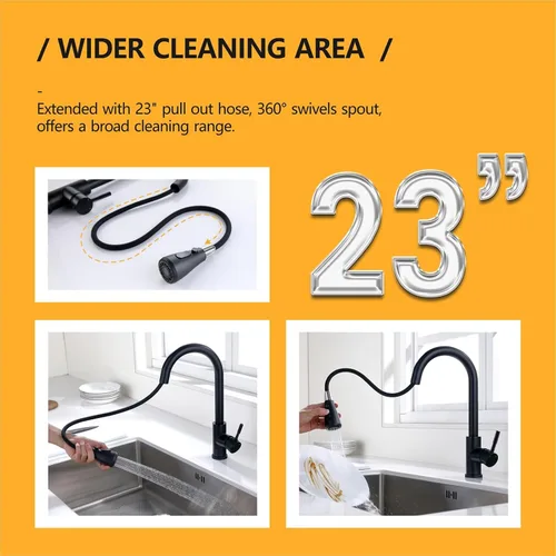 Miniatura 2 de Hiqufet Grifo de cocina negro con rociador desplegable, Grifos de fregadero de cocina para autocaravana para llenador de ollas, Fregadero de bar