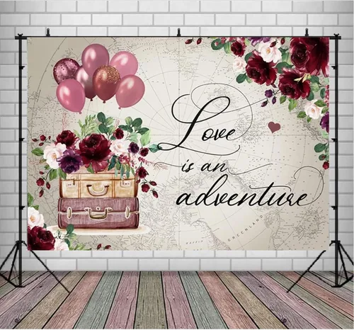 Miniatura 5 de Telón de fondo de despedida de soltera de viaje para fotografía, Love is Adventure Around The World, fondo de boda, maletas florales rojas vintage