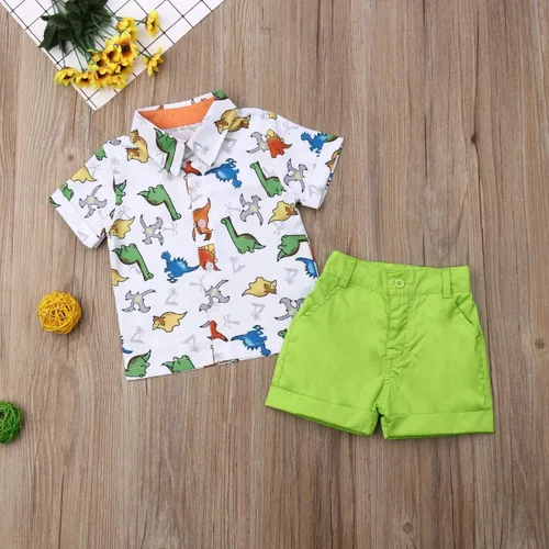 Miniatura 61 de Conjunto de camisa de manga corta con botones y pantalones cortos casuales con diseño de flamingo, para bebés y niños de 1 a 6 años, atuendos