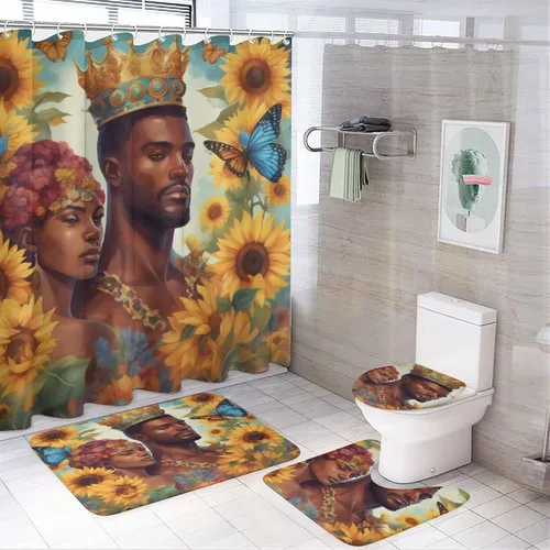 Miniatura 2 de Juego de cortinas de ducha románticas con diseño de amor negro, rey y reina, tela impermeable, decoración de pareja afroamericana, decoración