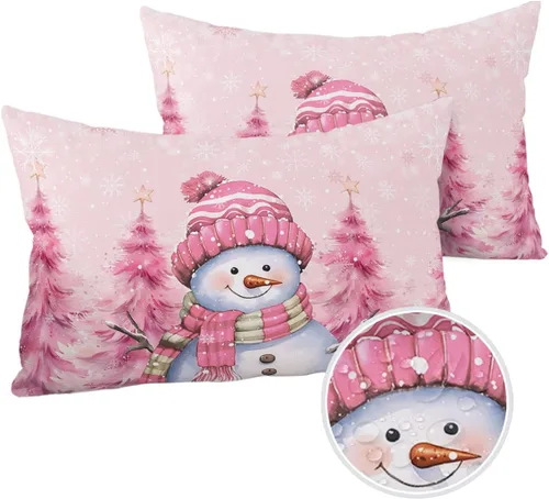 Miniatura 9 de Funda de almohada de invierno para exteriores, diseño de muñeco de nieve, pino, rosa, impermeable, paquete de 2 fundas de almohada con copos