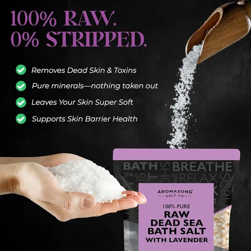 Miniatura 2 de Aromasong Sal pura cruda del mar muerto para remojar con lavanda 100% natural, 2.43 libras, sal de baño de spa de grano fino, exfoliante de lavado