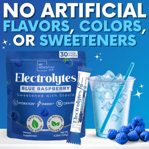 Miniatura 2 de Bolsas de Polvo de Electrolitos Cero Azúcar Sabor Frambuesa Azul (Paquete de 30) - Ingredientes Completamente Naturales, Energía Libre de Cafeína