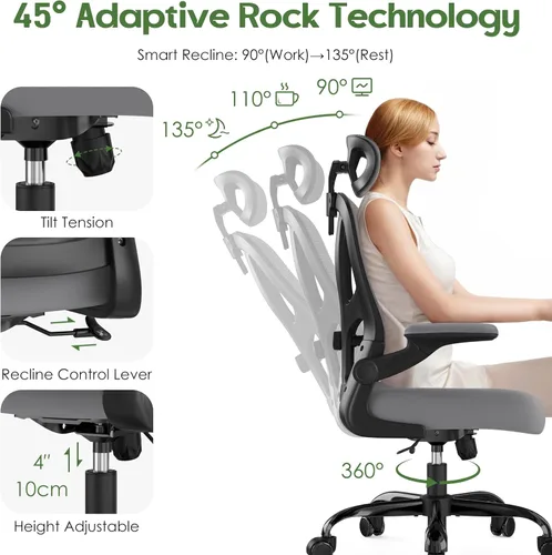 Miniatura 7 de Silla de oficina ergonómica de escritorio, silla de oficina de malla con respaldo alto con reposacabezas, ruedas, soporte lumbar, sillas de oficina
