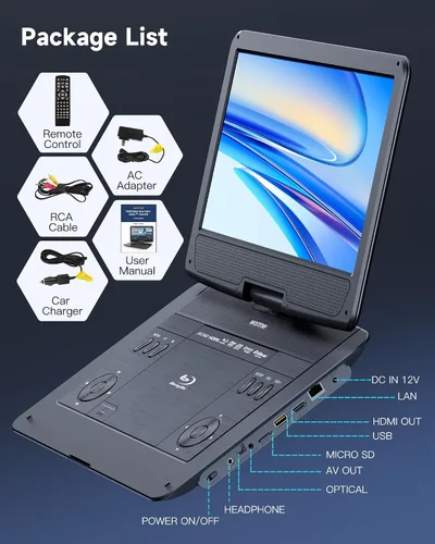 Miniatura 9 de WONNIE Reproductor de Blu Ray portátil de 16.9" con pantalla grande giratoria de 14.1" Full HD 1080P, reproductor de Blu-ray y DVD con salida HDMI