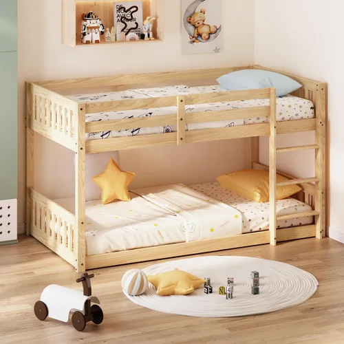 Miniatura 9 de JOYMOR Litera baja de madera maciza individual sobre individual para niños/jóvenes, marco de cama con barandillas y escalera para niños y niñas,