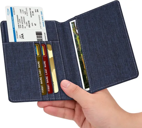 Miniatura 2 de Fintie - Funda para tarjetas y pasaporte, de piel sintética, bloqueo RFID, cartera de viajes (mezclilla índigomarrón)