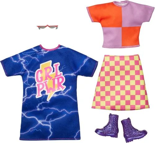 Barbie Fashions - Conjunto de ropa de 2 unidades, 2 trajes de muñeca incluye camisa de colores con falda a cuadros, vestido "GRL PWR" y 2 accesorios