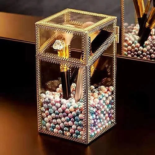 Maxwelly Soporte para brochas de maquillaje, organizador de maquillaje de vidrio, soporte de cepillo dorado vintage con tapa y perlas gratis,