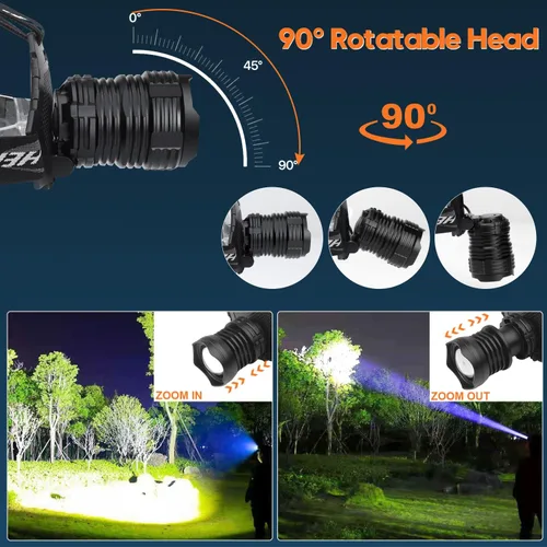 Miniatura 3 de Linterna de cabeza LED recargable Bud K, linterna de cabeza superbrillante mejorada de 30W, 1000 lúmenes altos con 6 modos, zoom, linterna de cabeza