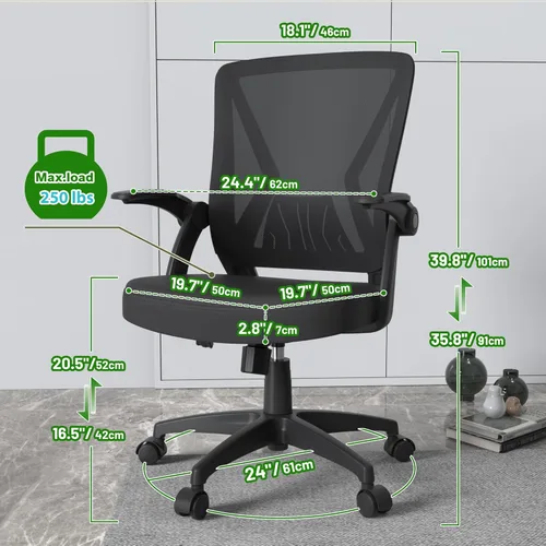 Miniatura 2 de Silla de escritorio ergonómica con brazos abatibles, soporte lumbar para trabajo, estudio, adultos y estudiantes