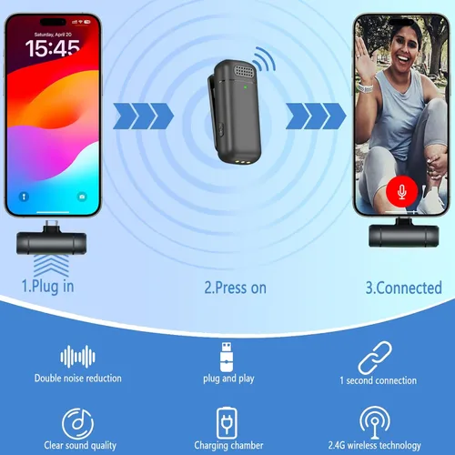Miniatura 4 de 2 micrófonos de solapa inalámbricos 3 en 1 para iPhone, iPad, USB C, Android, portátil, con estuche de carga, clip en la solapa, mini micrófono