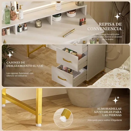 Miniatura 6 de COMHOMA Escritorio de tocador con espejo y luces, mesa de tocador de maquillaje con 4 cajones y estantes de almacenamiento, espejo HD grande, 3