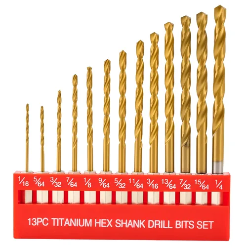 Juego de 13 brocas HSS, juego de brocas de acero de alta velocidad con revestimiento de titanio (1/16"-1/4") para chapa, madera, plástico, diseño de