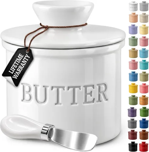 Miniatura 32 de Priority Chef Mantequilla grande con tapa con línea de agua, plato de mantequilla francesa de cerámica para dejar en el mostrador, color negro