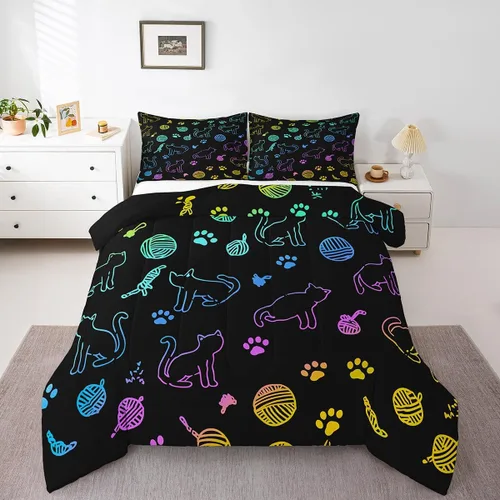 Miniatura 38 de Erosebridal Lindo juego de edredón de gato, tamaño individual, kawaii, fresa, juego de ropa de cama para niñas, diseño de arco iris, edredón rosa