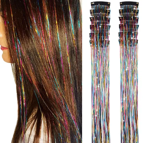 Miniatura 12 de Paquete de 12 extensiones de cabello de oropel con clip, paquete de 12 unidades, 20 pulgadas, extensiones de cabello de oropel con purpurina, negro#
