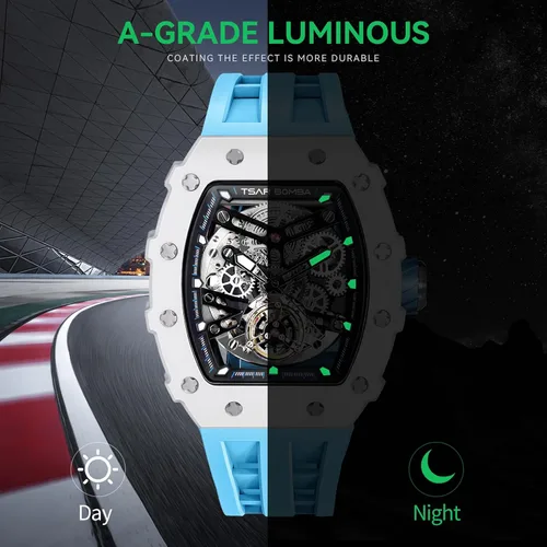 Miniatura 6 de Watch for Men, Automatic Skeleton Mechanical Mens Watch, 50M Waterproof Luxury Tonneau Square Big Face Dial Watch with SiliconeFluoroelastomer Watch
