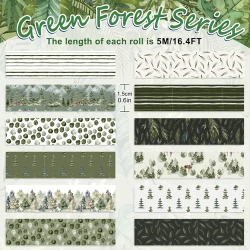 Miniatura 2 de Whaline 12 Rollos Cinta Washi Bosque Verde Acuarela Vegetación Navideña Cinta de Enmascarar Patrón de Plantas de Árboles Verdes del Bosque Cinta