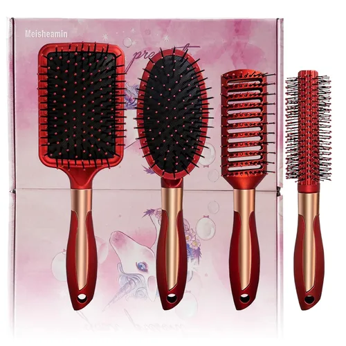 Juego de 4 cepillos para el cabello, incluye peine ovalado de masaje antiestático, cepillo desenredante, cepillo de pelo redondo, cepillo de pelo