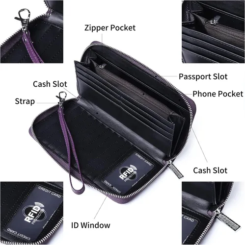 Miniatura 4 de Billeteras de gran capacidad para mujer, con bloqueo RFID, de piel auténtica, con cremallera, tarjetero con correa para la muñeca
