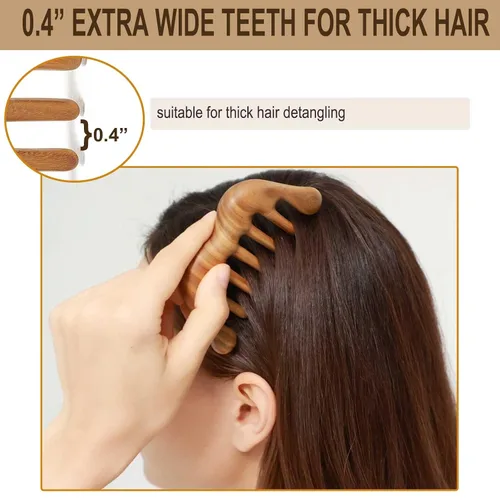 Miniatura 4 de Peine de dientes anchos para desenredar el cabello grueso, masajeador de cuero cabelludo de madera para cuero cabelludo Gua Sha, sándalo verde