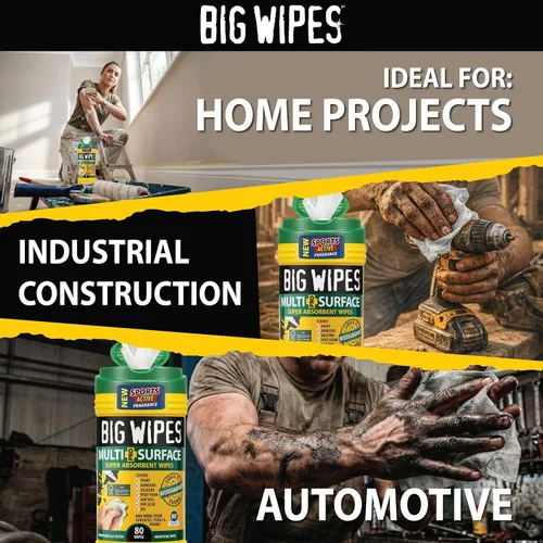 Miniatura 8 de BIG WIPES Recipiente multisuperficie resistente, paños de limpieza súper absorbentes para manos, superficies y herramientas, recipiente de 80