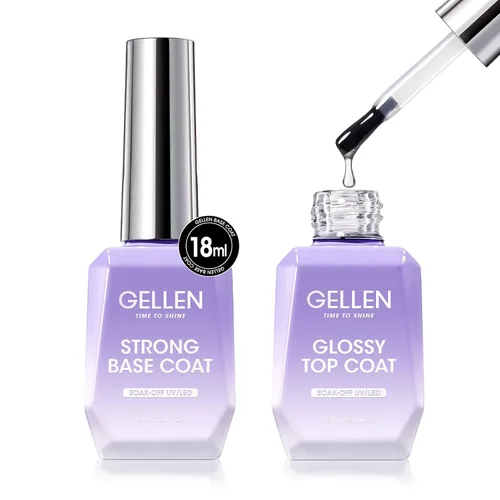 GELLEN - Juego de capa base y capa superior de gel para uñas, 2 piezas de 18 ml, capa superior y base de gel de uñas de alta calidad, no necesita