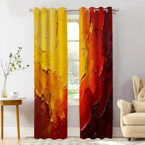 Miniatura 118 de Shrahala Beige and Orange Abstract Art Brushstrokes Blackout Curtain Tiers, Abstract Oil Paint Kitchen Valance Light Blocking Tier Drapes with Rod