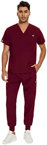 VIAOLI Conjunto de ropa quirúrgica para hombre con cuello en V y pantalón deportivo, 8 bolsillos con botones de carga, conjuntos de liquidación de