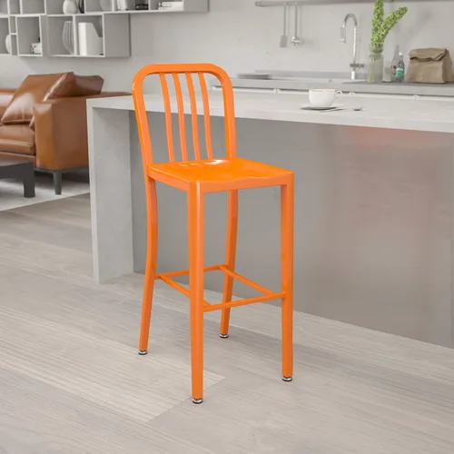 Miniatura 11 de BizChair Taburete de bar de metal negro para interiores y exteriores de 30 pulgadas de alto con respaldo de listón